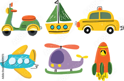 Fun Transportation Toys Chalk Crayon style set Illustration Vector