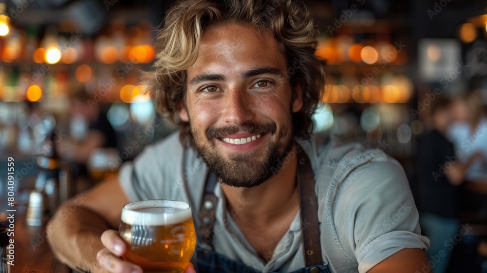 Young man in white t-shirt is smiling, looking at camera, showing OK sign and drinking beer while sitting at bar counter in pub