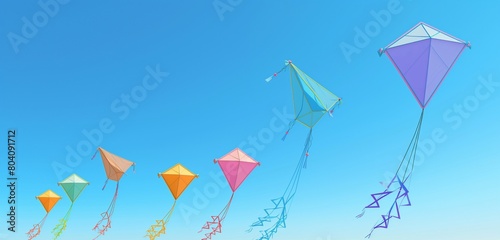 A graph of ascending, colorful kites against a clear, cerulean blue sky, each kite higher than the last, symbolizing the joy and elevation of growth through play.