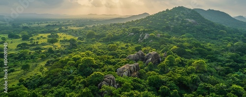 Aerial view of Bono East Region with green forest and rocks  Ghana.