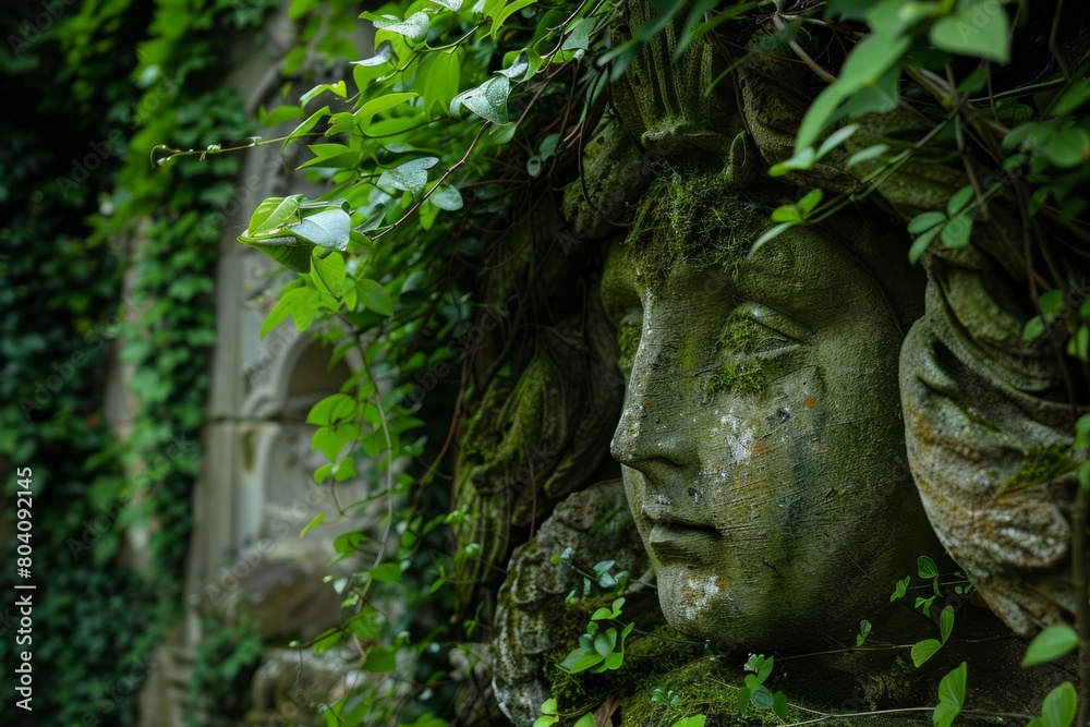 Obraz premium Envision a secret garden hidden within the heart of the city, where twisting vines climb the walls of ancient ruins and moss-covered, Generative AI