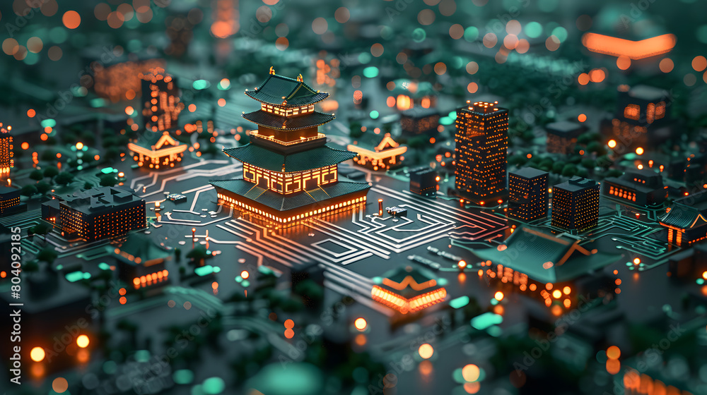 Japan Asian Glowing City: Circuit Board Buildings, Digital hi-tech hologram Japanese city map in glowing light, AI Cyber Futuristic Technology Concepts.