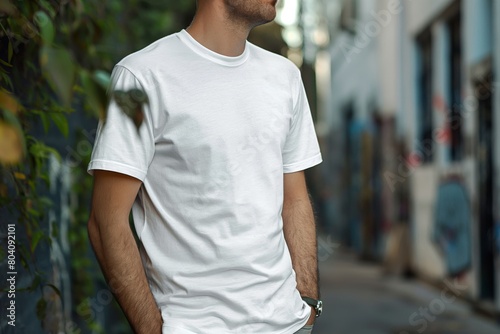 Man wearing blank t-shirt mockup with copy space for your text.