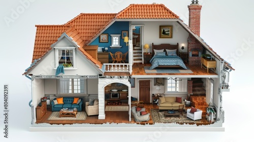 Detailed cross section dollhouse view showcasing interior rooms of a residential house