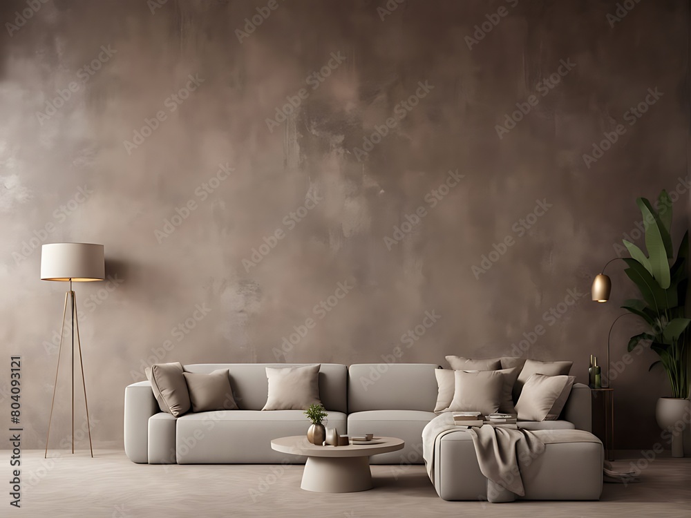 Luxury living room in warm colors. Brown beige walls, light gray lounge furniture -sofa, table. Empty background microcement for art. Rich interior design. Mockup room office reception. 3d render Luxury living room in warm colors. Brown beige walls, light gray lounge furniture -sofa, table. Empty background microcement for art. Rich interior design. Mockup room office reception. 3d render
