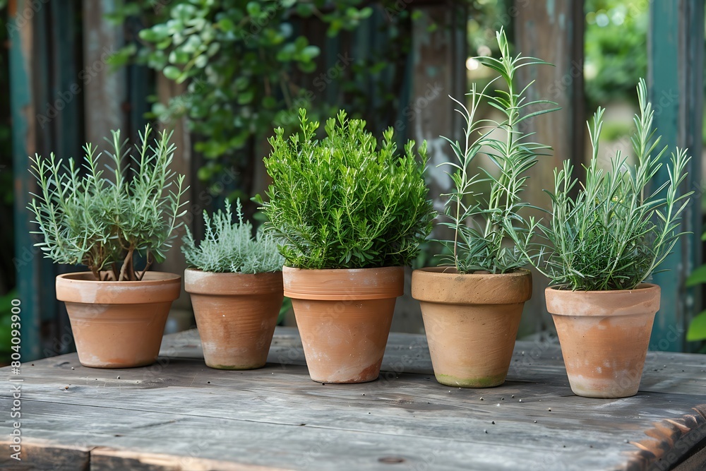 Mini herb garden with aromatic plants in small clay pots.