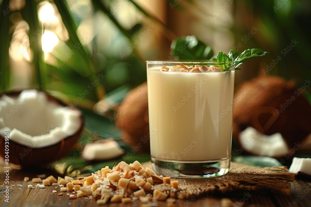 Aromatic coconut milk served in a clear glass with a straw, garnished with mint and coconut shavings Aromatic coconut milk served in a clear glass with a straw, garnished with mint and coconut shavings