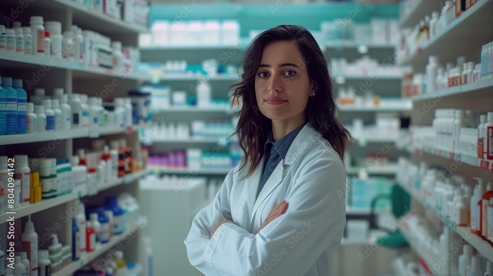 Portrait of young female pharmacist in modern pharmacy interior Portrait of young female pharmacist in modern pharmacy interior