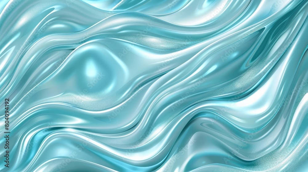 The background is an abstract modern with shiny turquoise waves.