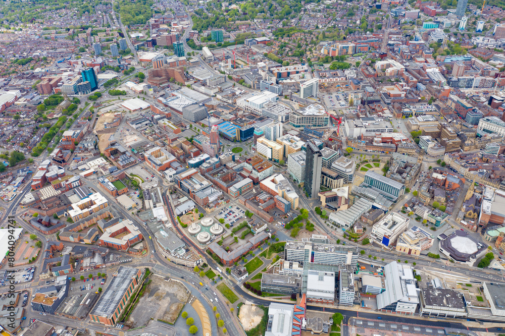 Aerial photo of the city centre of Sheffield in South Yorkshire in the UK showing Sheffield Hallam University & city centre from above on a sunny summers day.