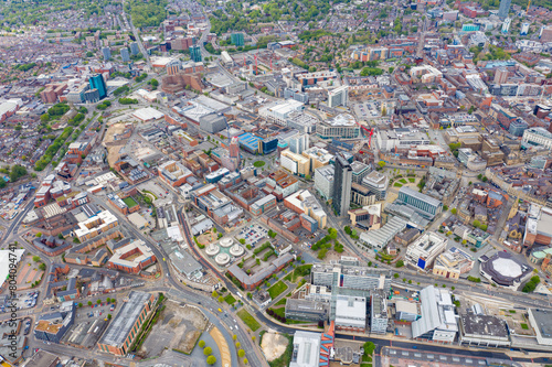Aerial photo of the city centre of Sheffield in South Yorkshire in the UK showing Sheffield Hallam University & city centre from above on a sunny summers day.