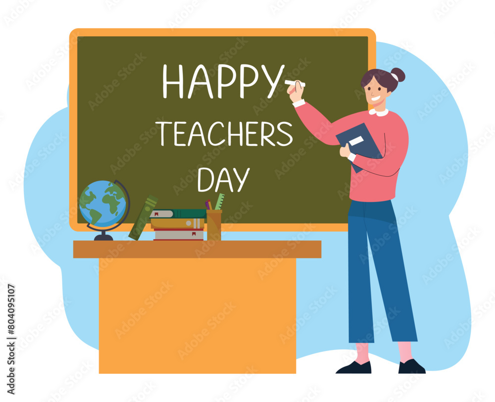 female teacher writing happy teachers day on the blackboard female teacher writing happy teachers day on the blackboard