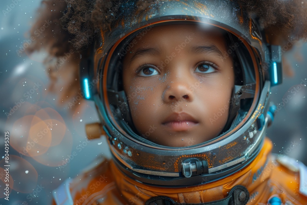 Young child with a hopeful expression wearing a detailed astronaut suit with futuristic elements Young child with a hopeful expression wearing a detailed astronaut suit with futuristic elements