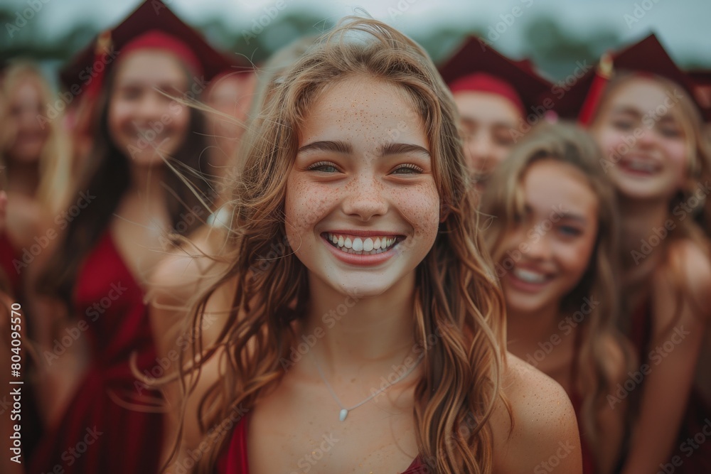 Fototapeta premium Focus on a smiling young graduate girl in a crowd, her happiness and achievement shining through