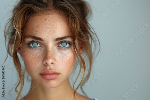 Intense woman with freckles and a deep gaze, exuding beauty and a thoughtful expression