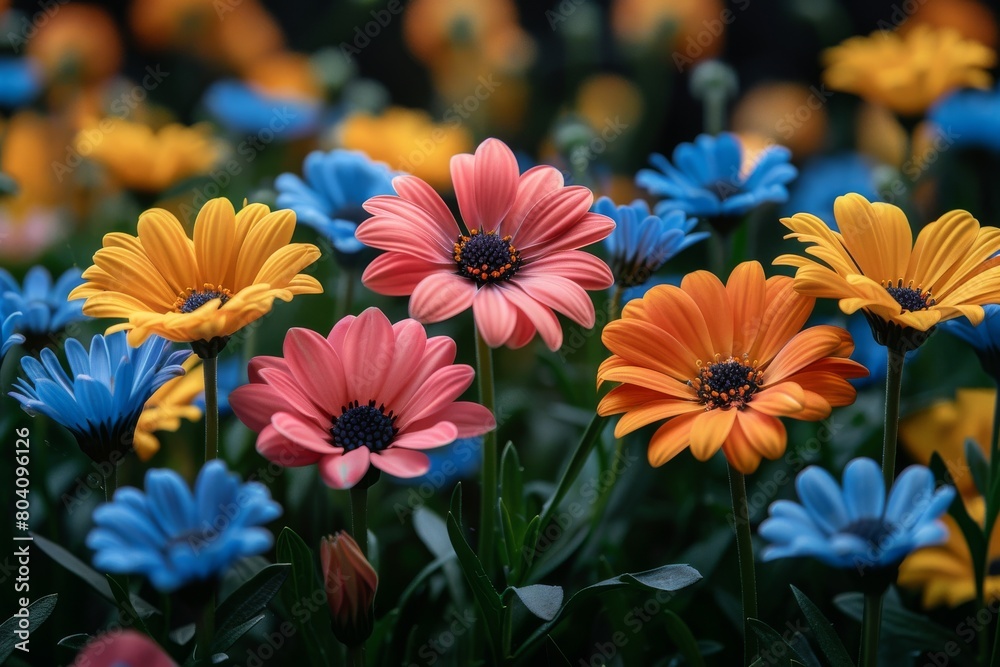 A vibrant garden filled with multi-colored flowers including pinks, yellows, and blues, evoking a sense of joy and beauty in nature A vibrant garden filled with multi-colored flowers including pinks, yellows, and blues, evoking a sense of joy and beauty in nature