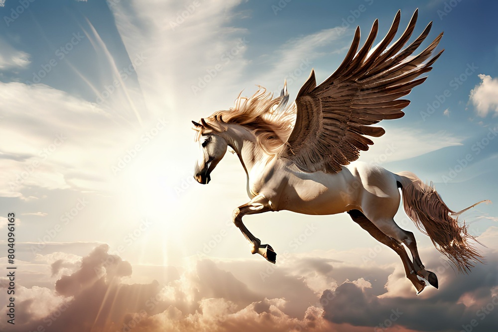 A pegasus flying in sky poster with copy space. A pegasus flying in sky poster with copy space.