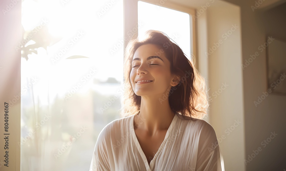 Tranquil woman in a delicate robe basks in the morning sun filtering through the window, representing revitalization and rebirth