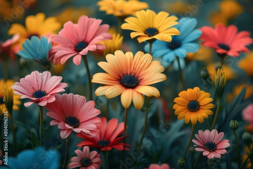 Dreamy image of vibrant daisies in staggering colors with soft-focus creating an otherworldly garden escape