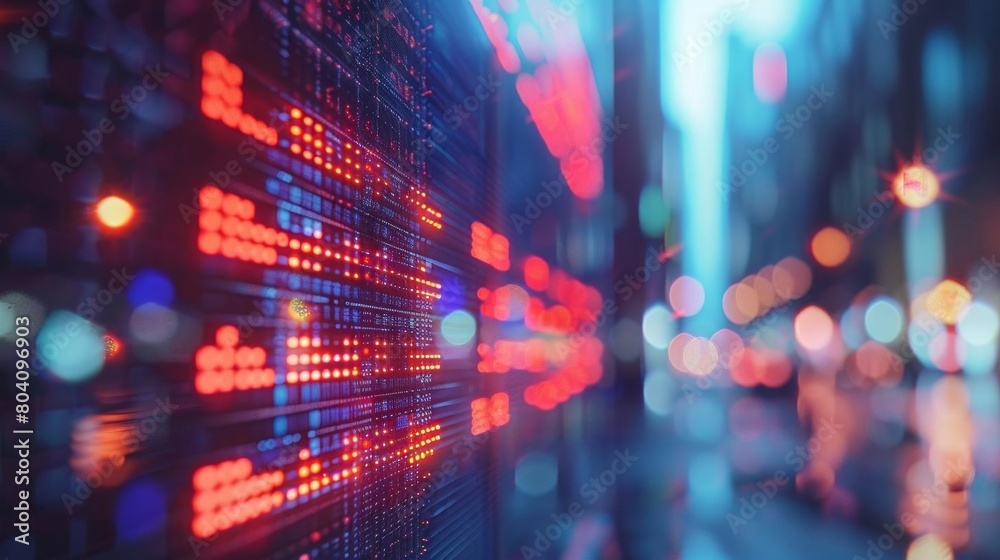 Abstract glowing red and blue financial stock market graph with blurred cityscape in the background.