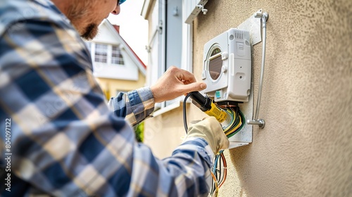 Close-up of a technician installing a smart meter on a home, showing the technology that allows for detailed energy use monitoring. 