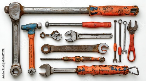 A variety of hand tools such as hammers, screwdrivers and wrenches are clearly displayed and isolated on a white background. Great for DIY or home improvement topics.