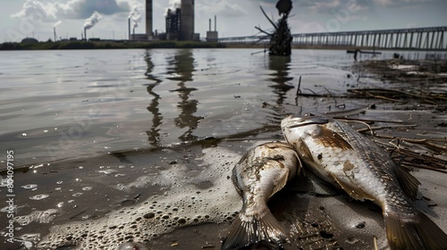 Detailed view of dead fish washed ashore near a thermal power plant, highlighting the ecological consequences of water pollution.  photo