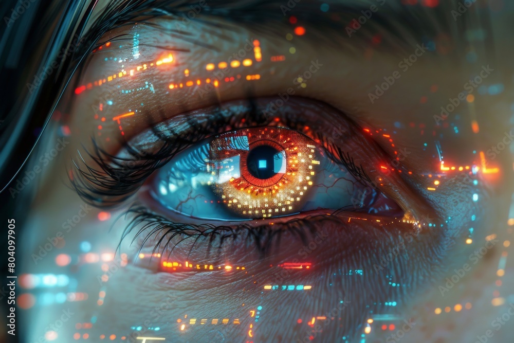 A digitally enhanced eye, showing glowing futuristic elements, symbolizing advanced technology A digitally enhanced eye, showing glowing futuristic elements, symbolizing advanced technology