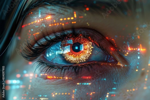 A digitally enhanced eye, showing glowing futuristic elements, symbolizing advanced technology