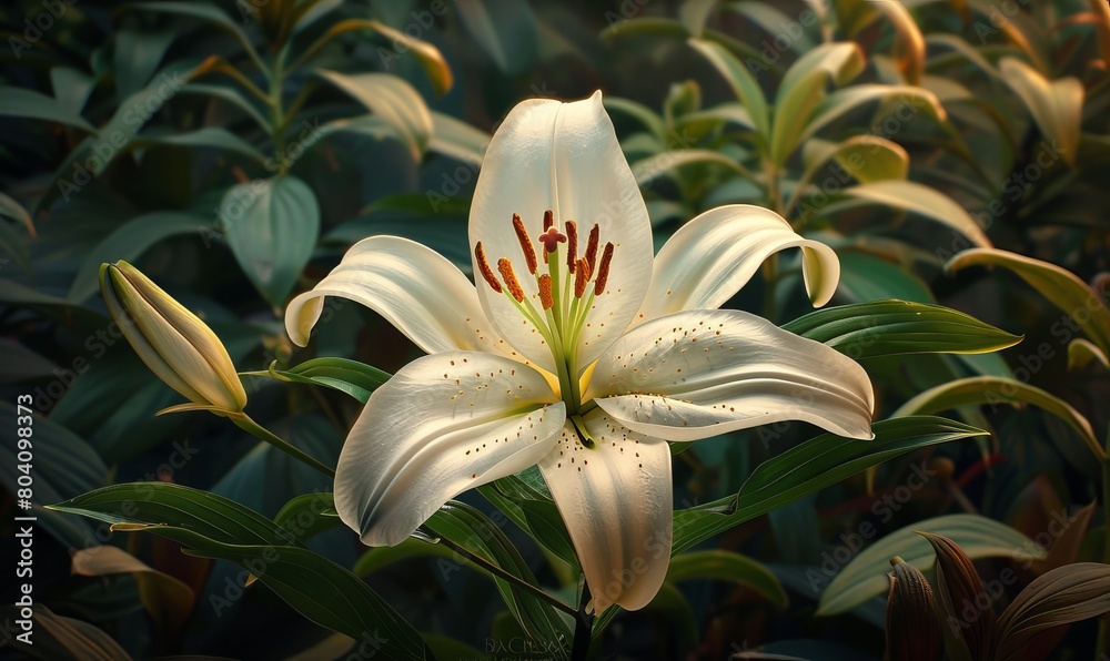 Fototapeta premium A lone white lily blooms in a bed of summer