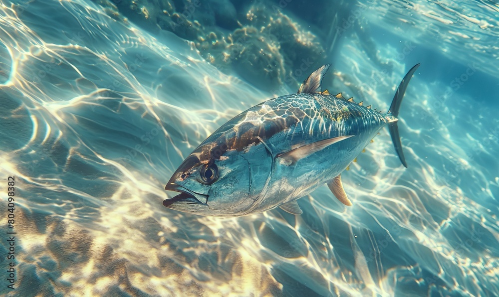 Fototapeta premium Blue fin tuna fish swimming in clear ocean water.