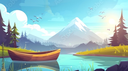 This is a cartoon modern illustration of a wooden boat on a lake, pond or river with a mountain backdrop and spruce trees around. Birds flying in a sunny blue sky over the surface of the water.