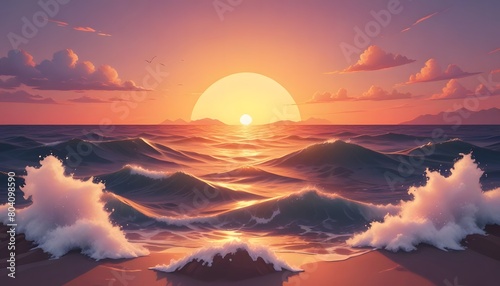 Sunset over the ocean vector simple 3d smooth cut isolated illustration.