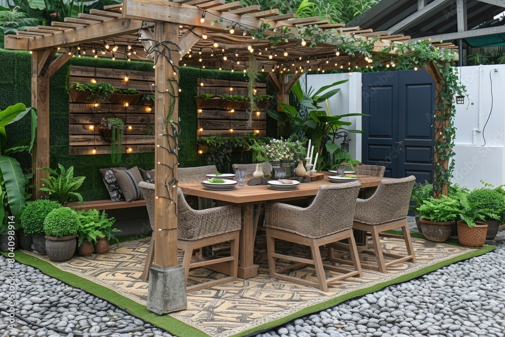 Garden outdoor dining area with wooden chairs and table professional photography Garden outdoor dining area with wooden chairs and table professional photography