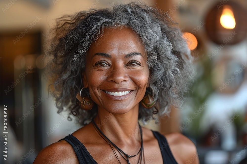 A mature woman with grey curls smiling warmly in a casual and contemporary setting A mature woman with grey curls smiling warmly in a casual and contemporary setting