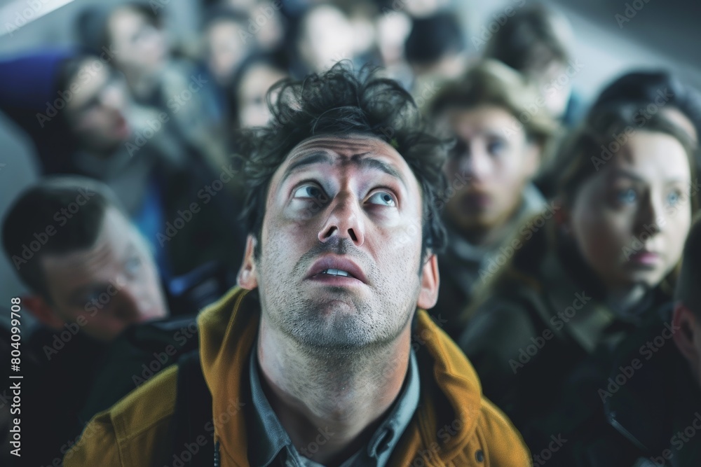 A person clutches their chest, eyes wide, breathing fast, overwhelmed by panic A person clutches their chest, eyes wide, breathing fast, overwhelmed by panic