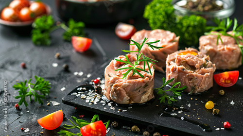 Board with delicious canned tuna tomatoes and fresh he photo