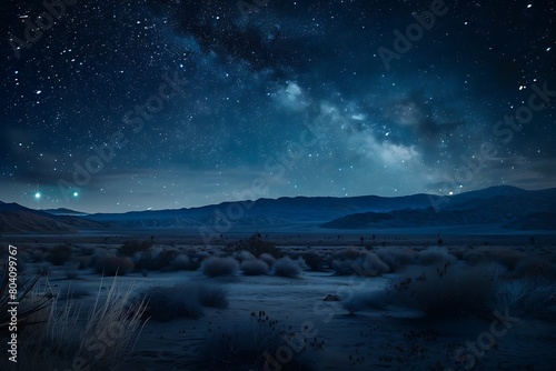 Night sky filled with stars above a tranquil desert landscape.
