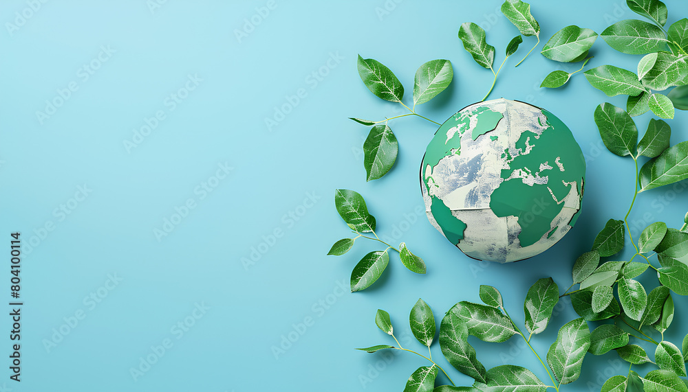 Paper planet Earth with green leaves on blue background. Earth day celebration Paper planet Earth with green leaves on blue background. Earth day celebration