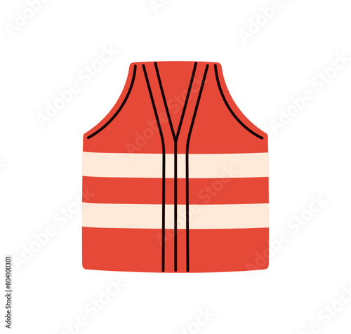 Safety vest for worker. Fluorescent reflective jacket, uniform with security strips for visibility. Protective work wear, sleeveless waistcoat. Flat vector illustration isolated on white background