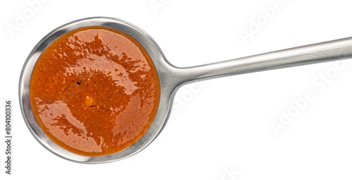 Beef stew sauce in spoon isolated on white background, top view, full depth of field