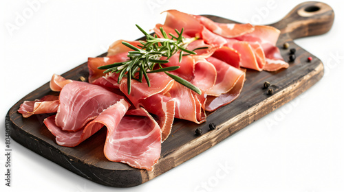 Board with delicious sliced ham on white background