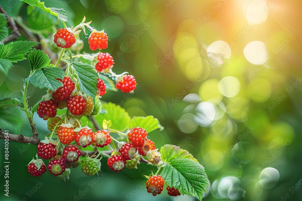 Obraz premium raspberry bush basking in sunlight, adorned with clusters of ripe and ripening berries, a perfect symbol of natural abundance and summer freshness