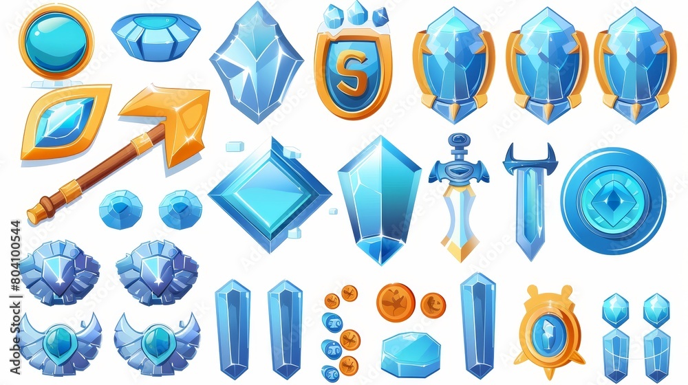 Avatar, bars, and icons in blue crystal frames for user profile UI. Modern cartoon set of game design UI for health, power, money, and assets. Avatar, bars, and icons in blue crystal frames for user profile UI. Modern cartoon set of game design UI for health, power, money, and assets.