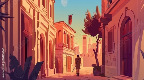 An urban scene with a fantasy character and separated layers of a game scene in a medieval city street with ancient buildings. Modern illustration of a parallax background ranger with a magic spear