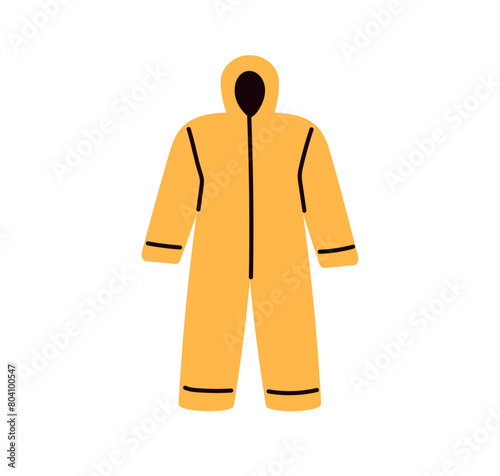 Hazmat suit. Protective safety overalls. Industrial workers jumpsuit, outfit with hood. PPE, personal protection equipment against toxic hazards. Flat vector illustration isolated on white background