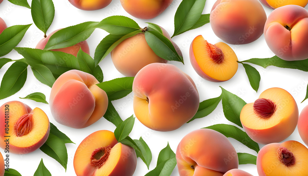 Group of peaches with half and green leaves isolated on white background with clipping path