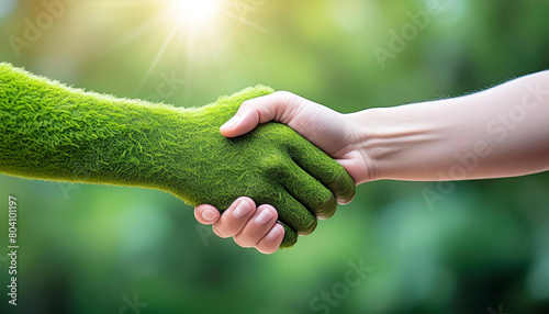 Close-up of handshake between a human hand and a hand made of green grass. Cooperation to prevent sustainable climate change for the earth and social environment and governance or ESG. Generative Ai.