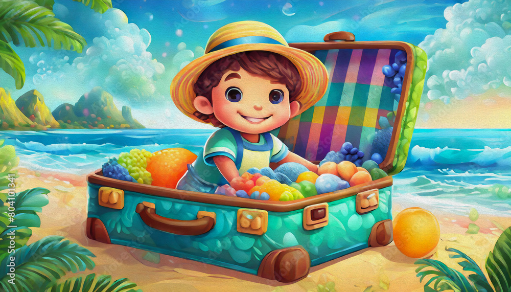 Naklejka premium oil painting style CARTOON CHARACTER CUTE kids illustration of beach in travel suitcase, spring break concept,