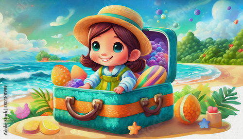oil painting style CARTOON CHARACTER CUTE kids illustration of beach in travel suitcase  spring break concept 
